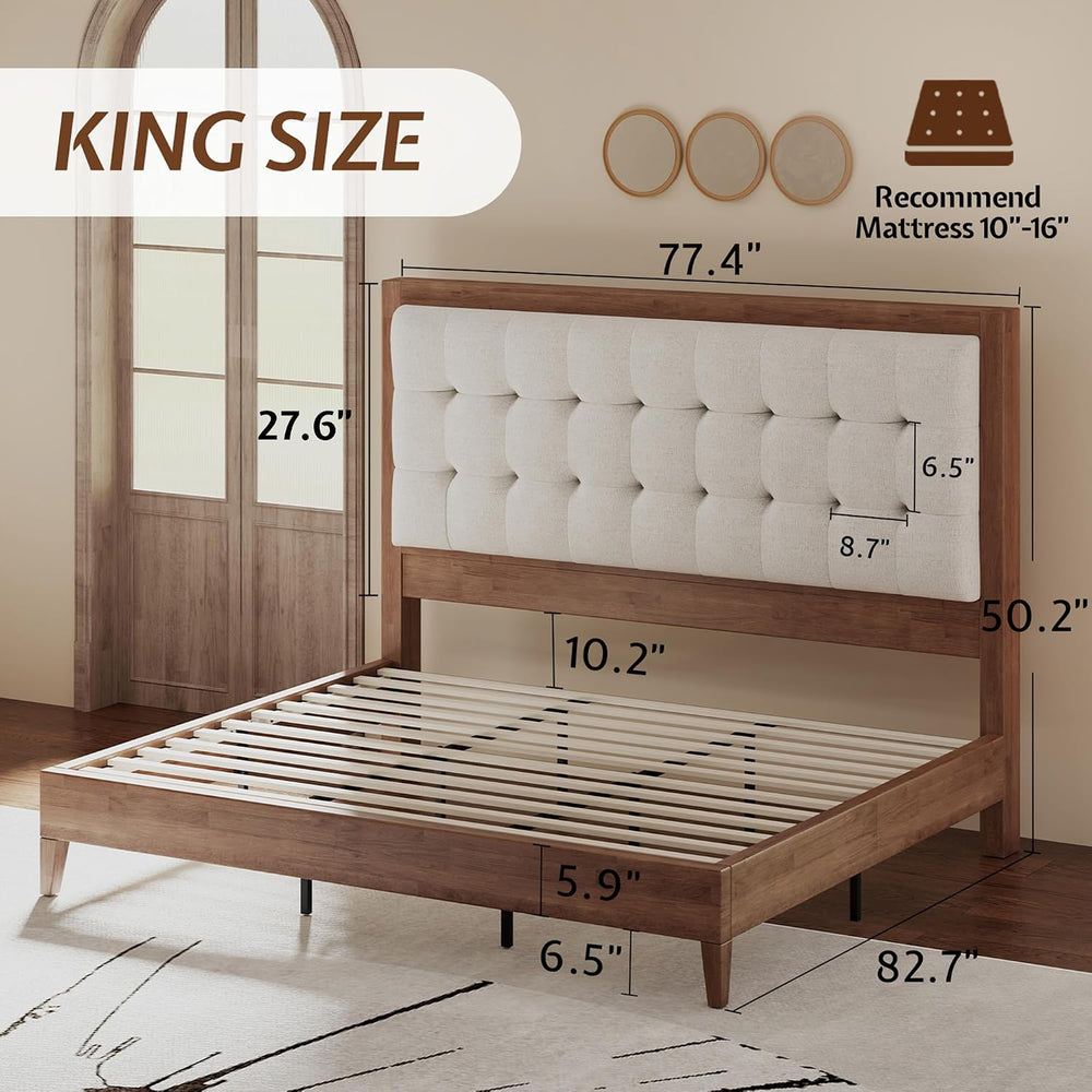 Jocisland Solid Wood King Bed Frame, 50" Tall Upholstered Headboard,Walnut