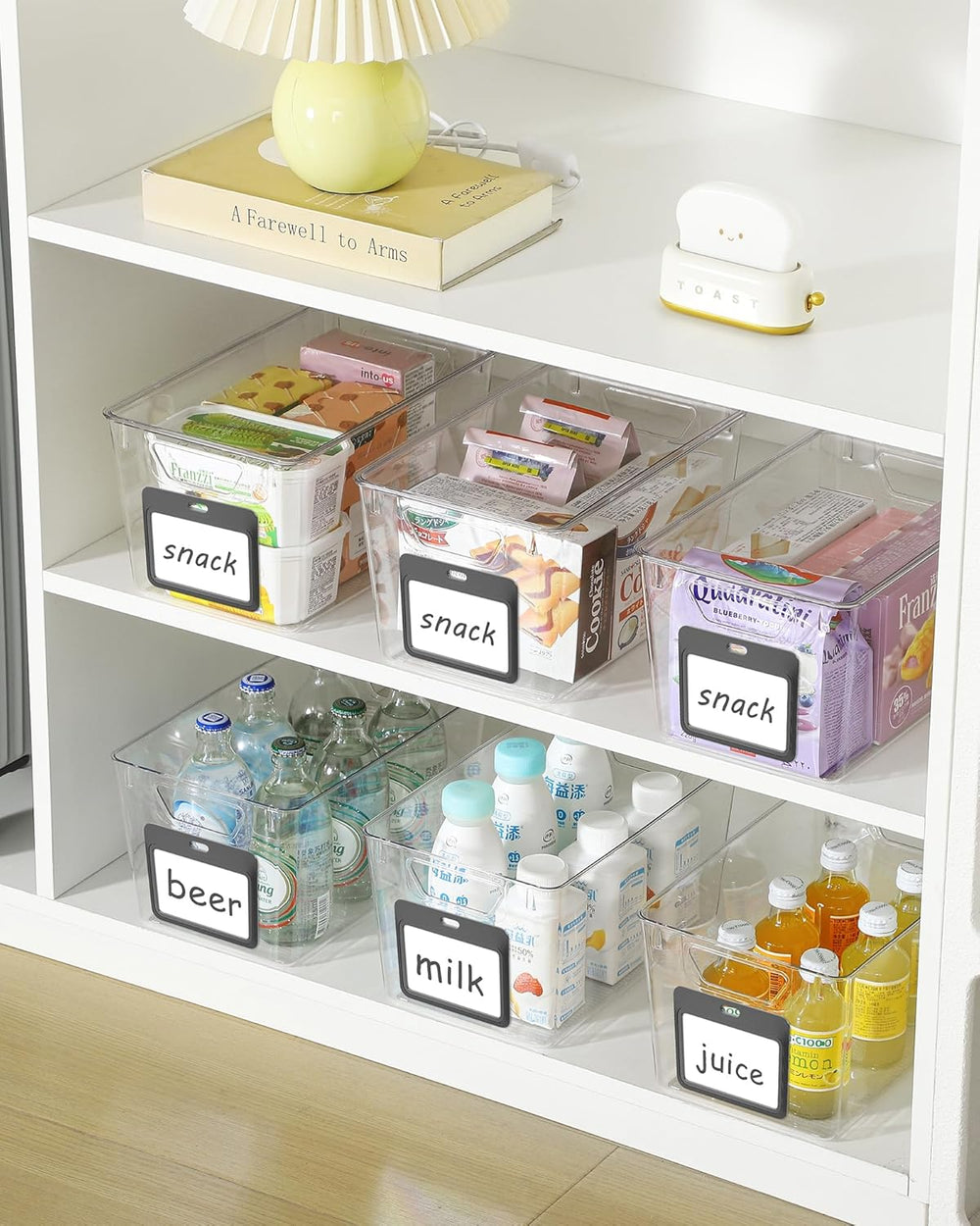 iCASA 6-Pack Clear Fridge Organizers and Storage Bins Container with Labels