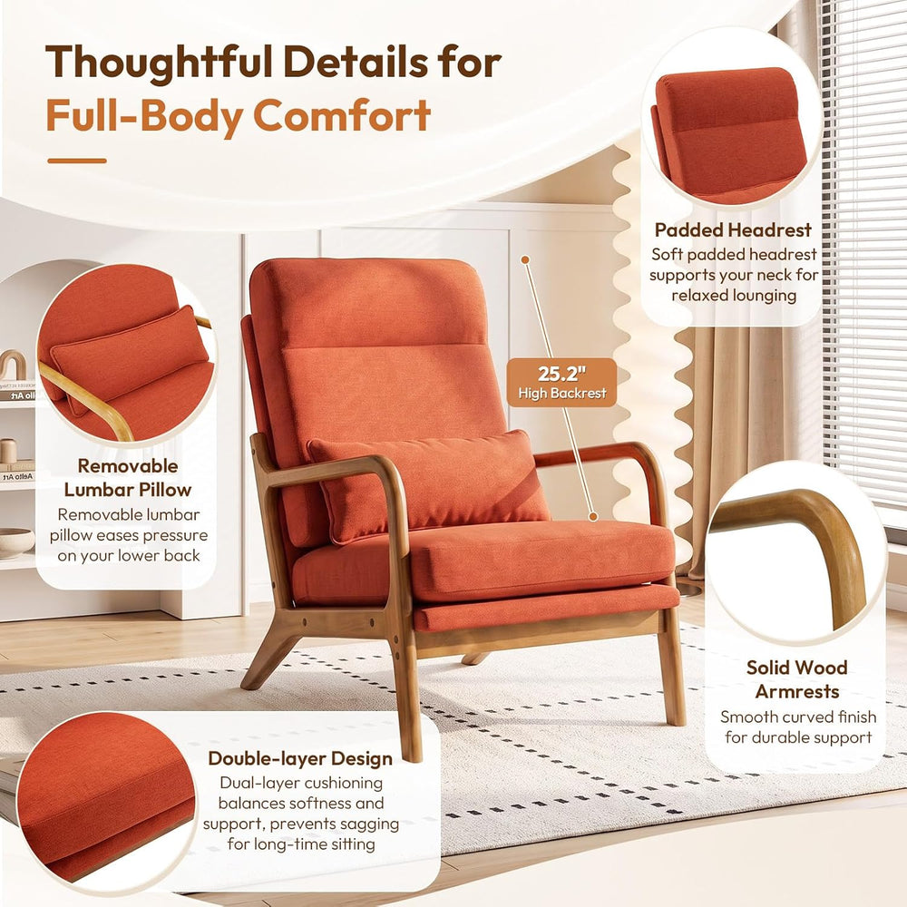 Bonnlo High Back Linen Burnt Orange Mid Century Modern Accent Chair, Soild Wo...