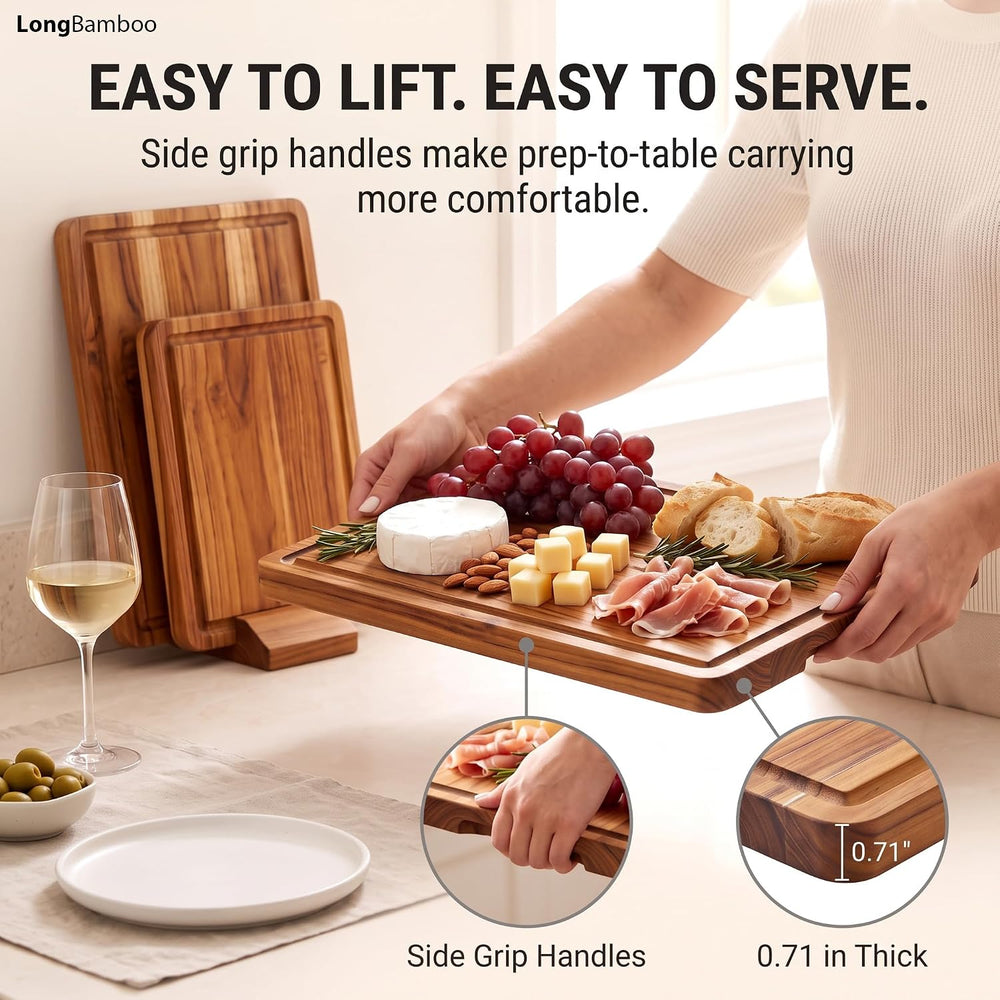 Teak Wood Cutting Boards for Kitchen, Cutting Board Set of 3 with Stand