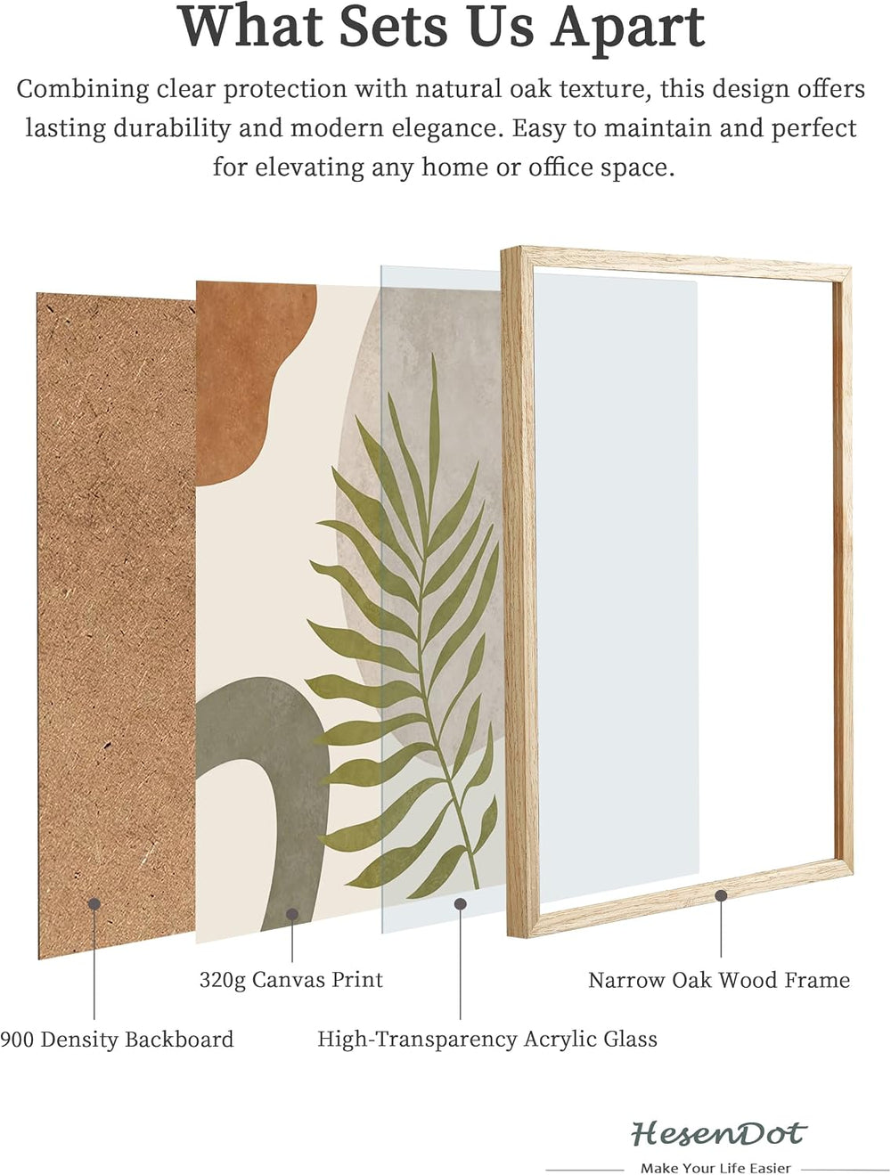 HesenDot Natural OAK Wood Abstract Leaf Framed Wall Art,12x16in