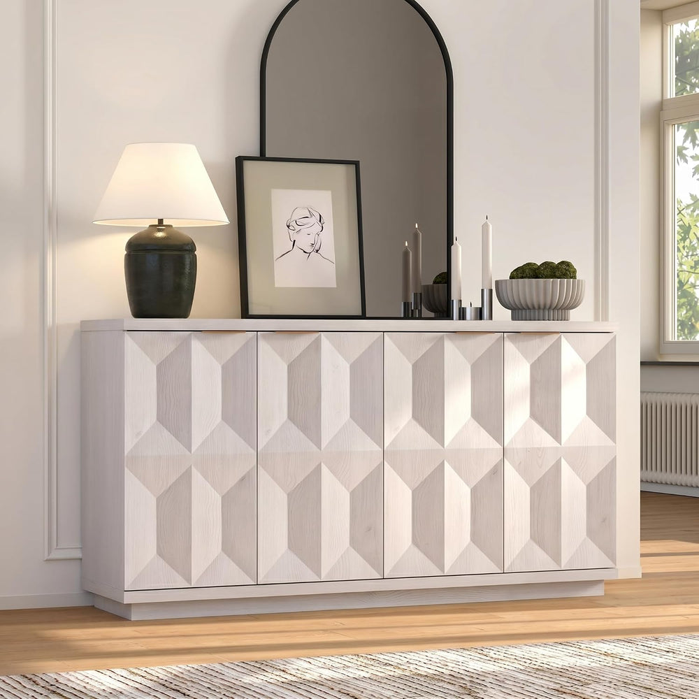Yechen 59" W Sideboard Buffet Cabinet with 3D Geometric Doors, White Oak