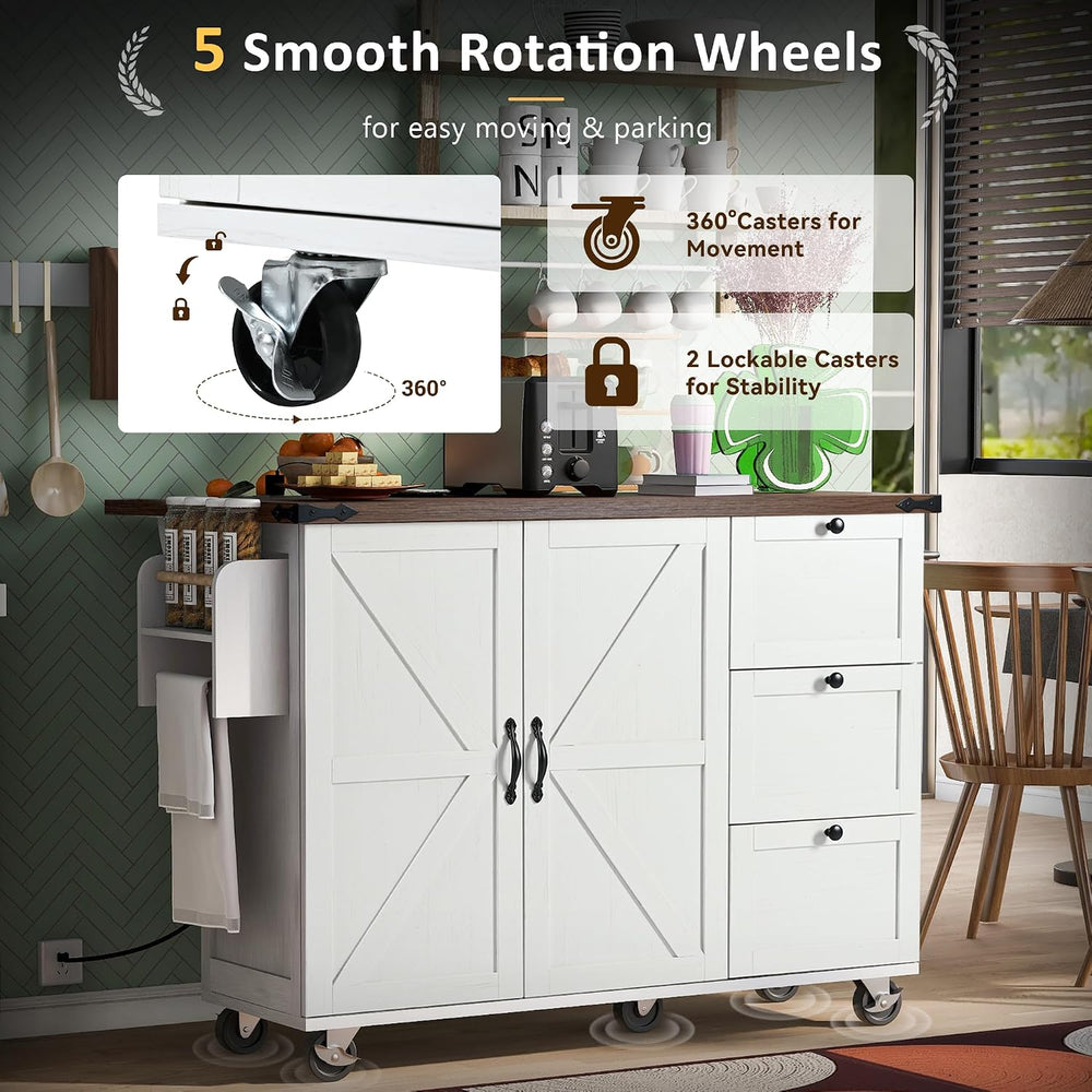 54.5" Farmhouse Kitchen Island with Power Outlet, White