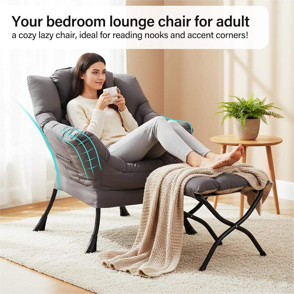 Lazy Chair with Ottoman, Comfy Chair with Pillow,Dark Grey