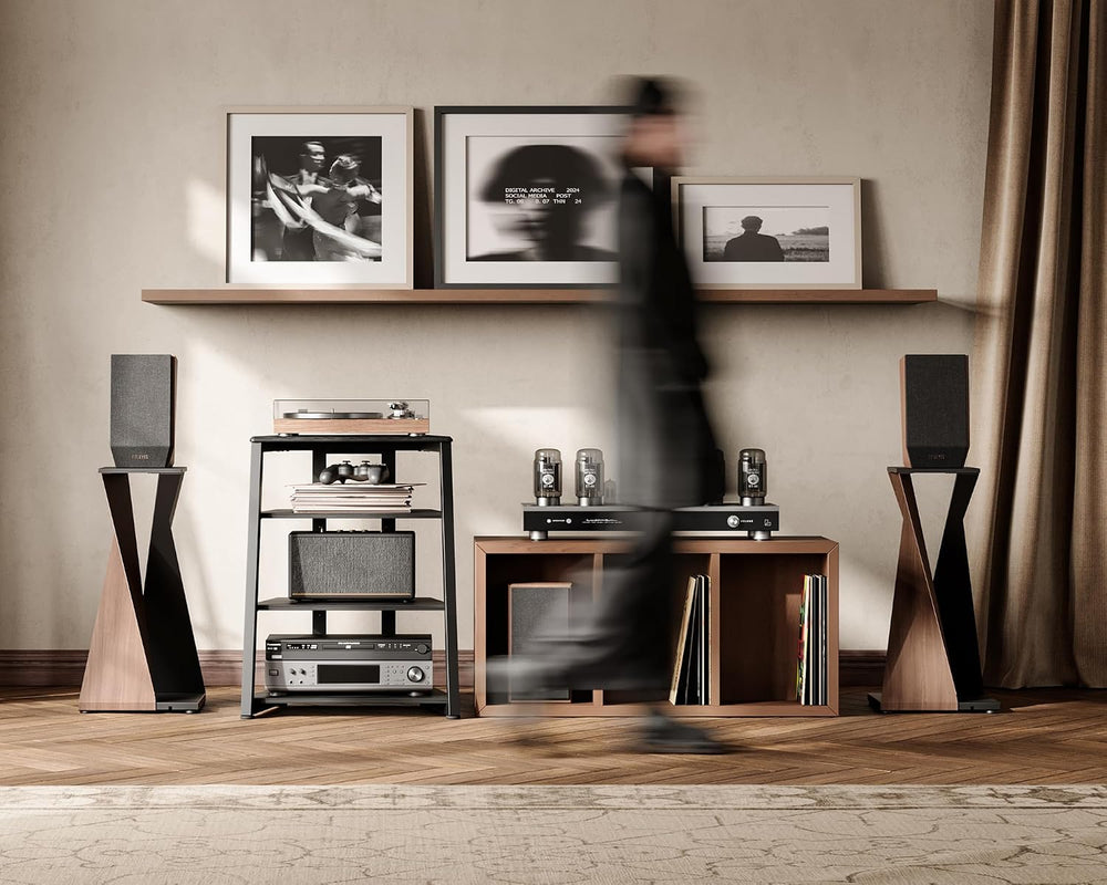 FITUEYES 4-Tier AV Media Stand Corner Shelf for Record Player HiFi, Black
