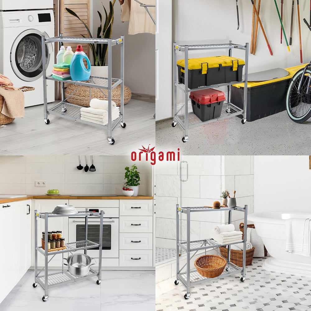 Origami R3 3-Tier Foldable Storage Rack with Wheels, Platinum