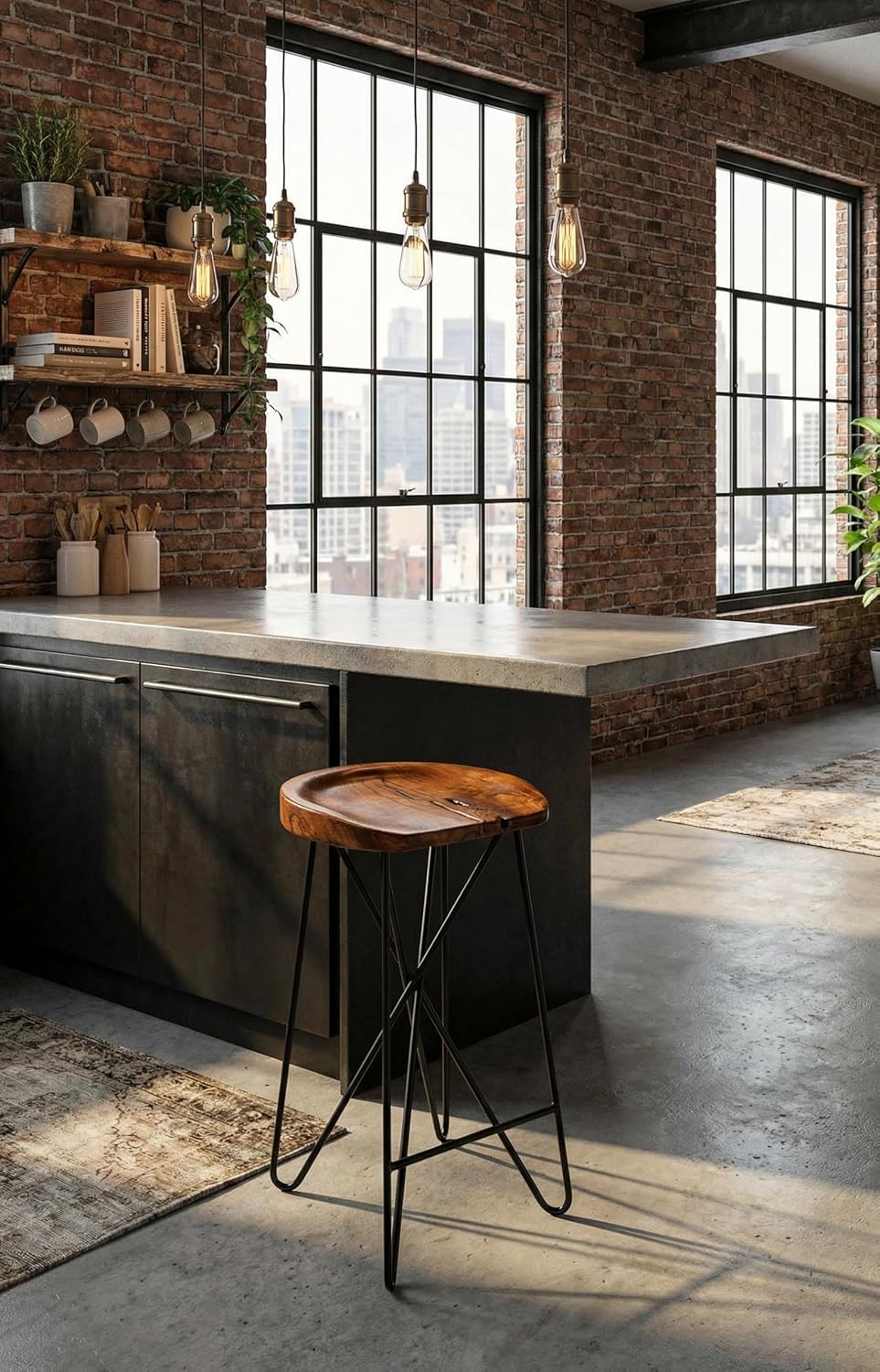 Bare Decor Aloha Backless Live Edge Teak Counter Stool with Solid Black Metal...