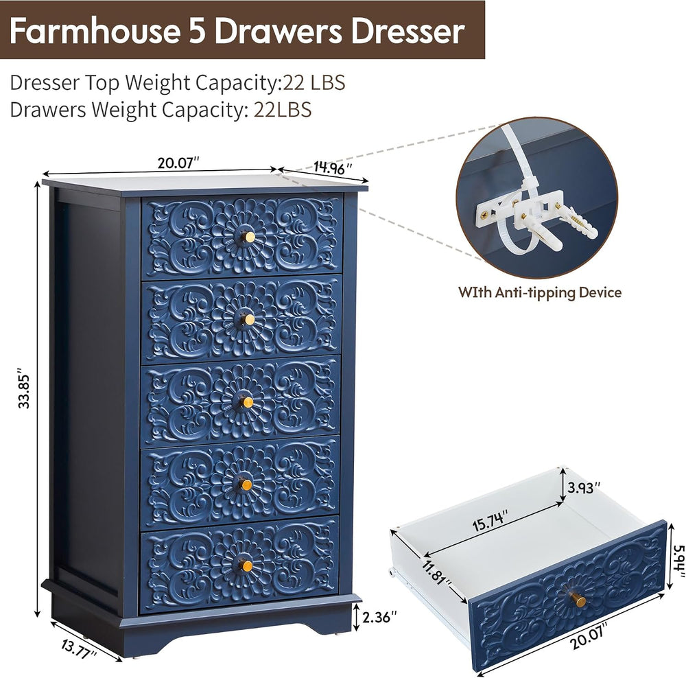 weselon 5 Drawer Dresser for Bedroom, Narrow Chest of Drawers with Floral Fro...