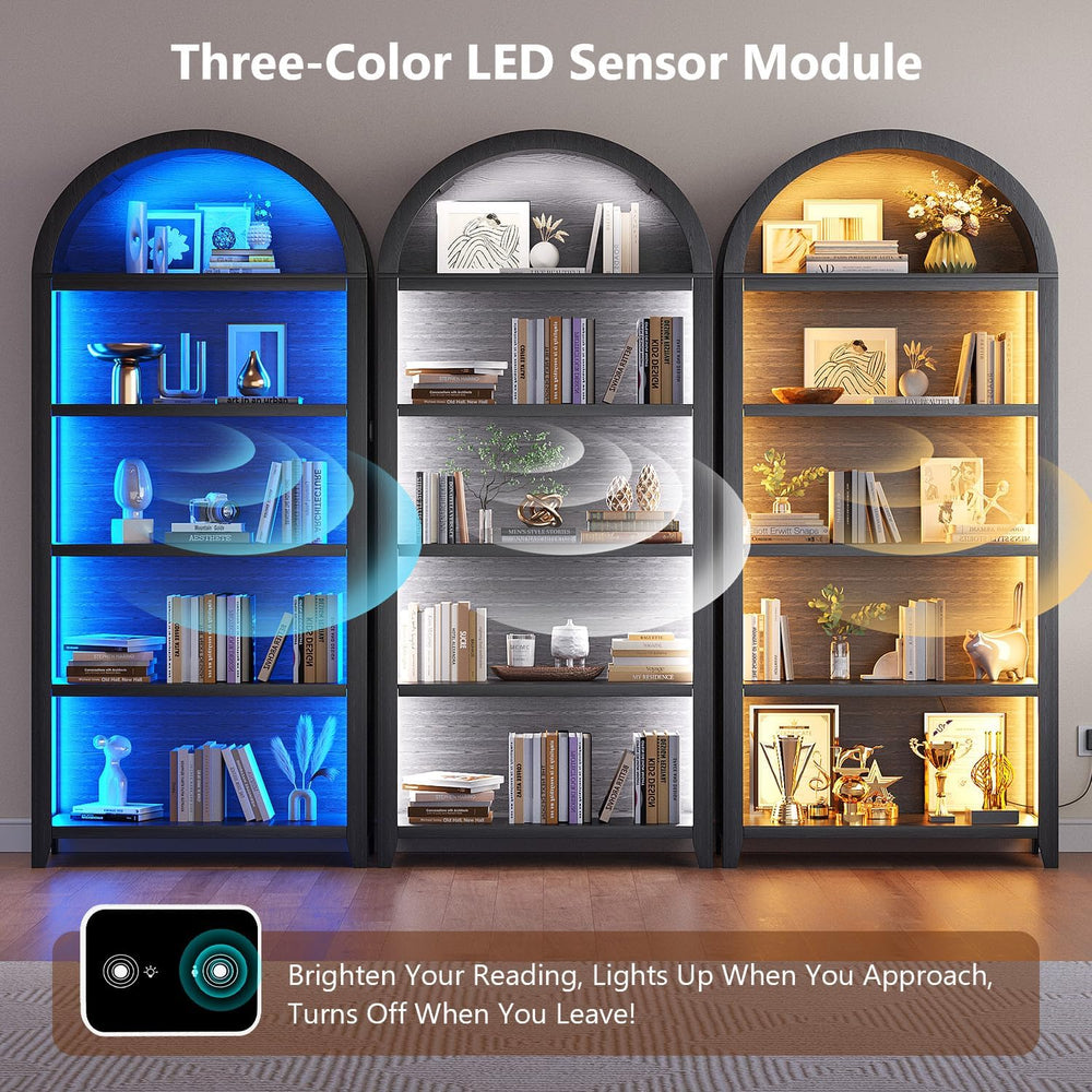 5-Tiber Arched Bookcase with 3-Color Lights & Motion Sensor, Black