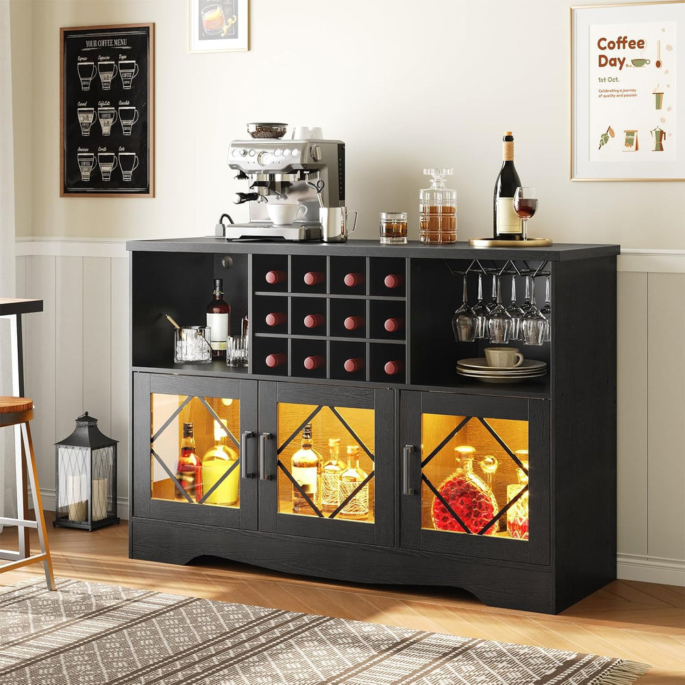 HOOBRO Bar Cabinet with Power Outlet, Modern Liquor Cabinet with Wine Rack &a...
