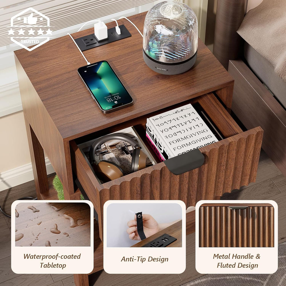 Nasonet Night Stand Set 2, Fluted Nightstand with Charging Station, Wood Beds...