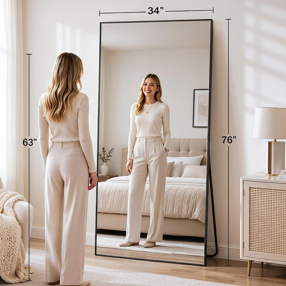 Antok 76"×34" Full Length Wall Mounted Hanging Mirror, Aluminum, Black