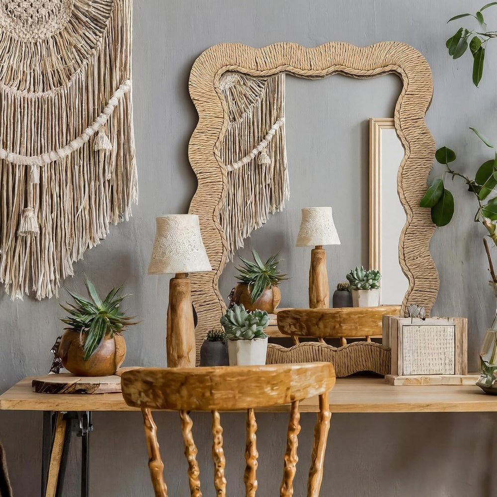 Junkin Boho Rattan Mirror for Bathroom, Rectangle, 10.4 x 15.8 in