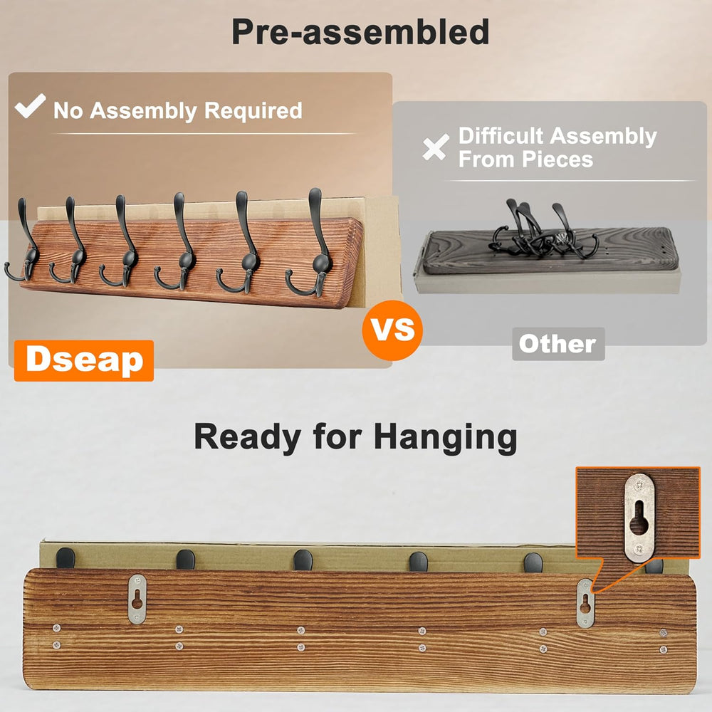 Dseap Coat Rack Wall Mounted - 24" Long 6 Tri Hooks, Heavy Duty Wooden W...
