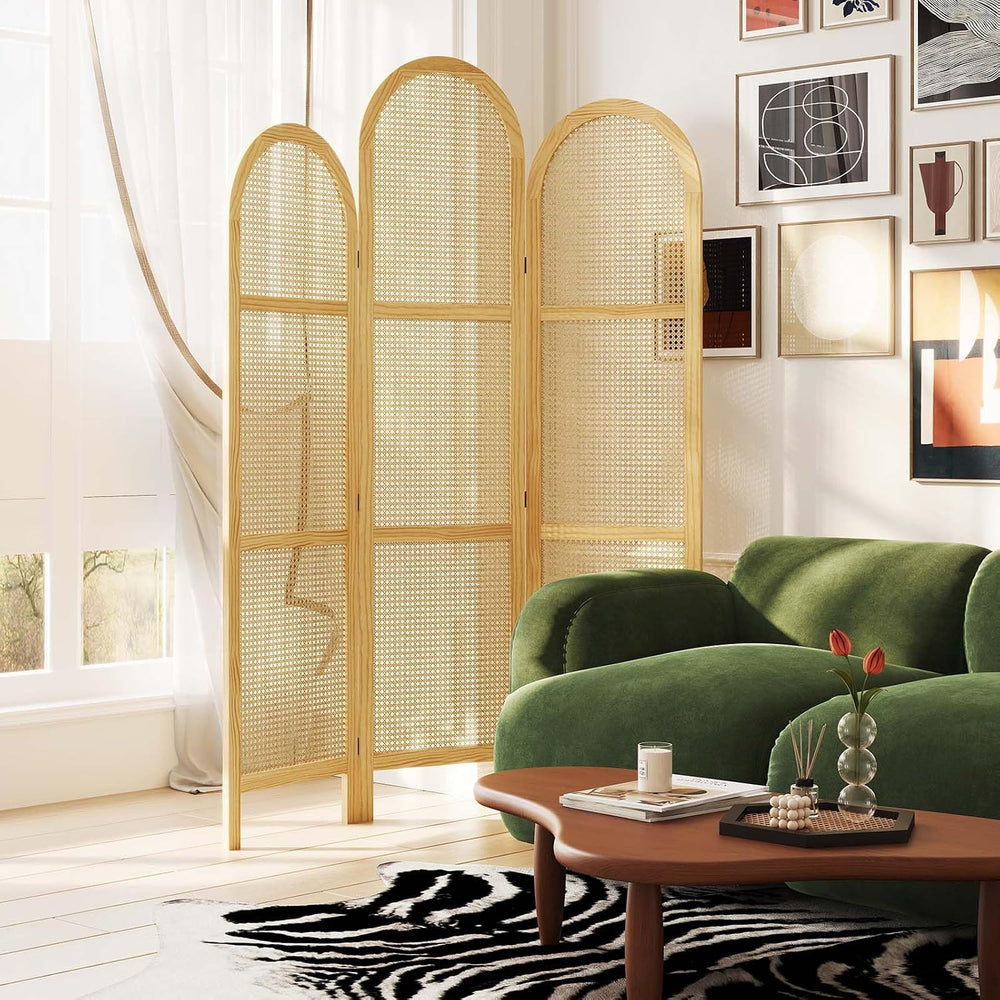 3-Panel Hand-Woven Rattan Room Divider, Tall Foldable Privacy Screen with Woo...