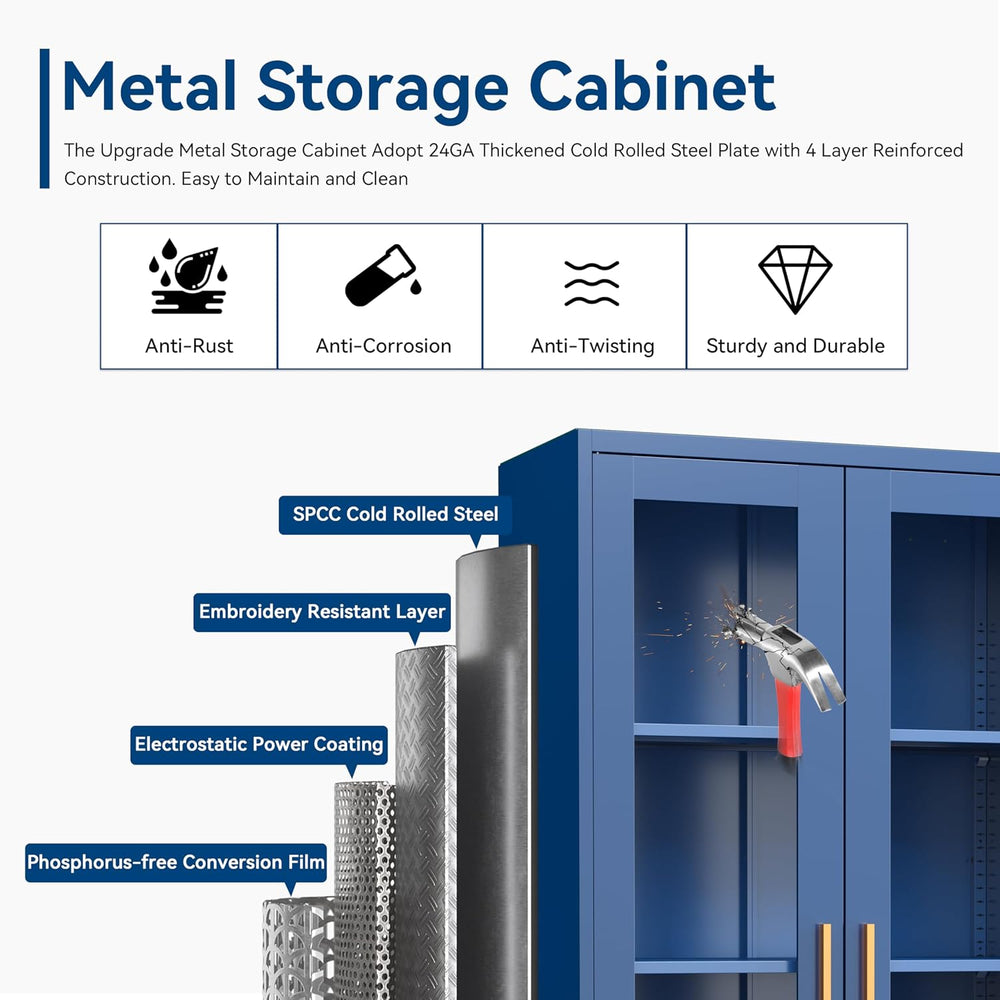 Polup 71" Blue Metal Glass Display Cabinet with Security Lock