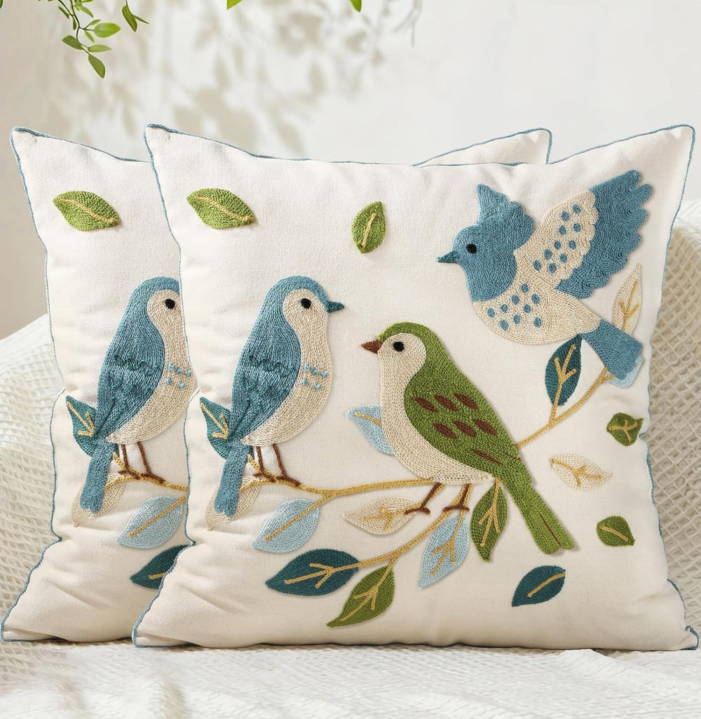 Animal Embroidered Throw Pillow Covers 18x18 Inch, Birds Leaves
