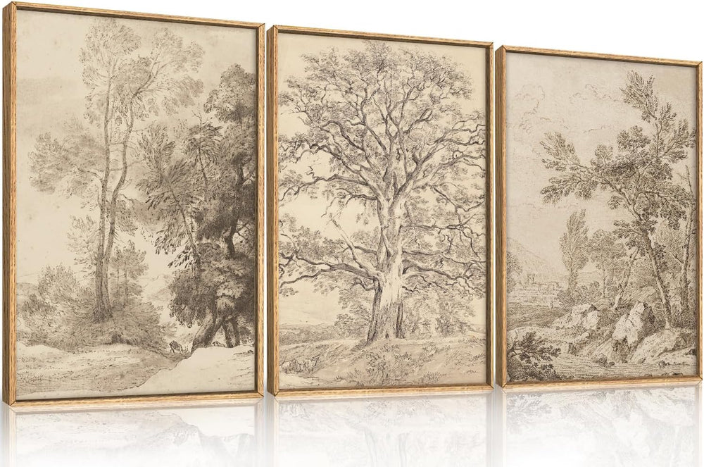 Ausril Large Vintage Tree Sketchbook Framed Canvas Wall Art Set -24"x36&...