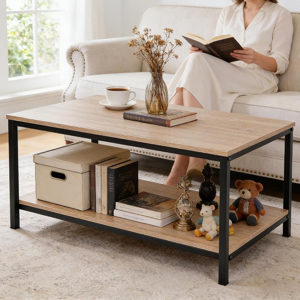 ZenStyle Industrial Coffee Table with Storage Shelf for Living Room, Wood Loo...