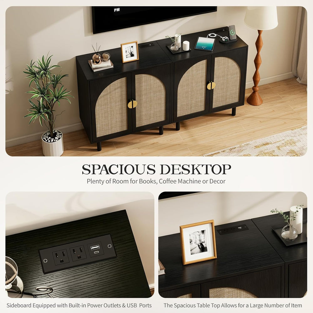 Black Minimalist 2-Door Sideboard with Woven Textured Panels, Black Storage C...