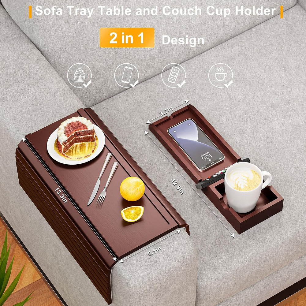 Bestjing Bamboo Couch Armrest Table with Detachable Cup Holder Tray(Walnut)