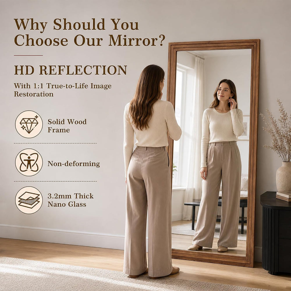 76"x34" Full Length Mirror, Large Wood Floor Mirror, Brown