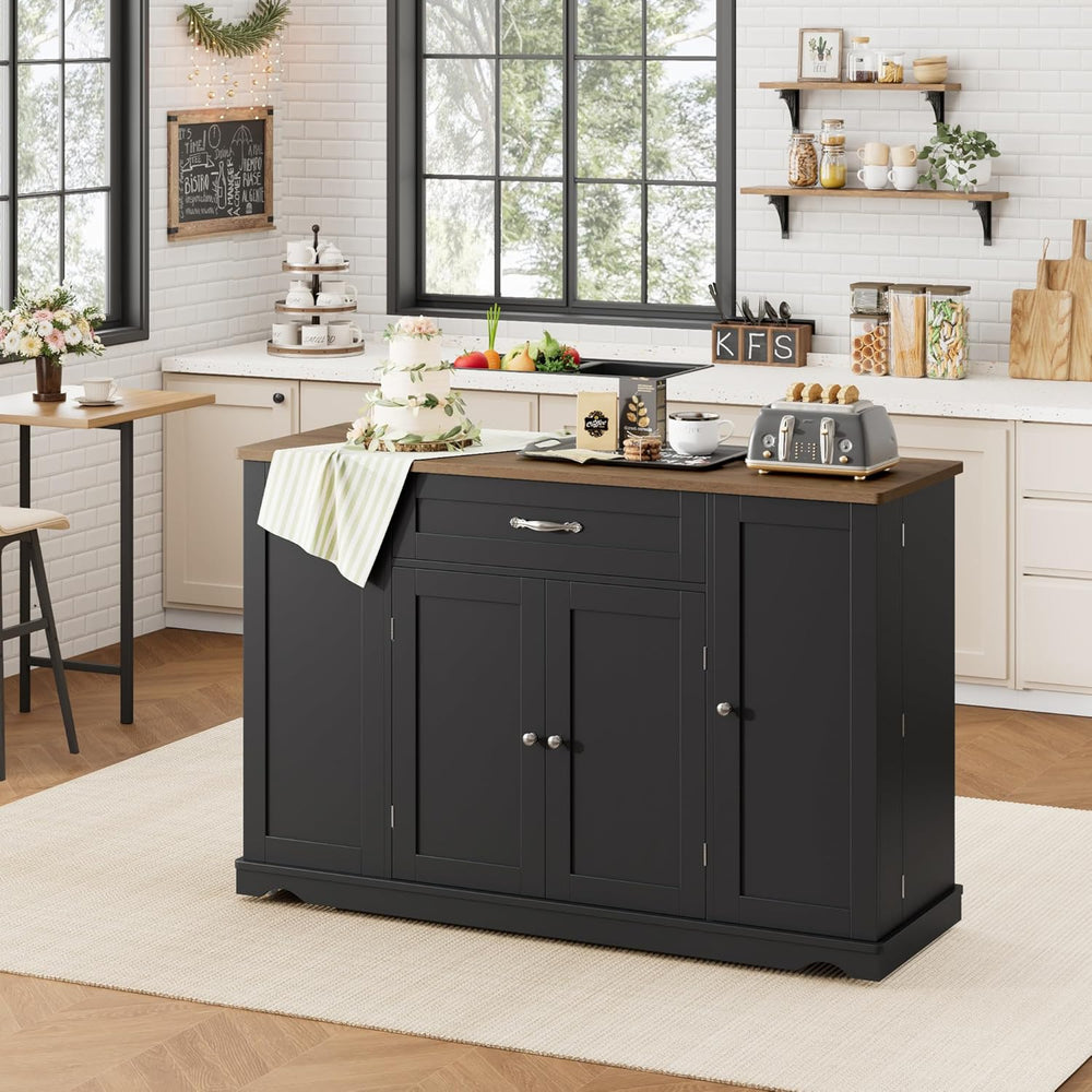 HOSTACK 47" W Kitchen Island Cart with Storage, Rolling Island Table, Black