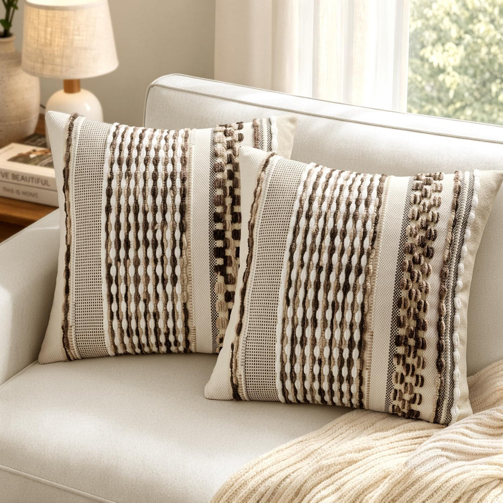 ANRODUO Boho Decorative Pillow Covers Dark Brown Stripe 20x20 Pack of 2