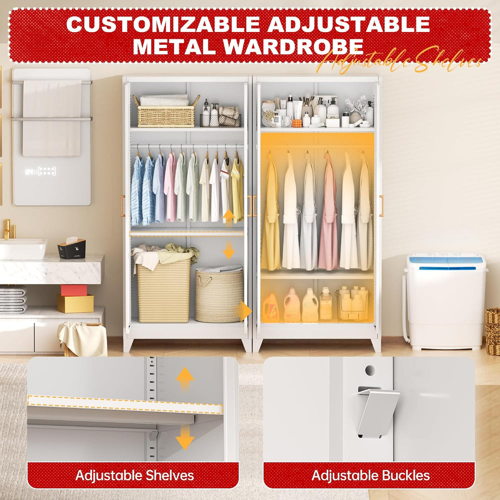 Superday Metal Wardrobe Closet, 72" H Bedroom Armoires with Wooden Handl...