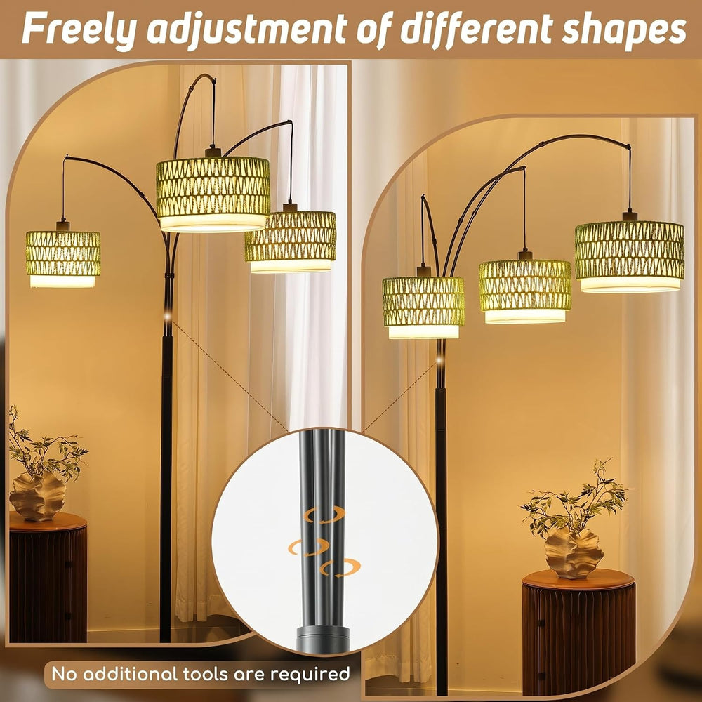 3-Light Arc Rattan Floor Lamp for Living Room,80'' Boho Tree Lamp