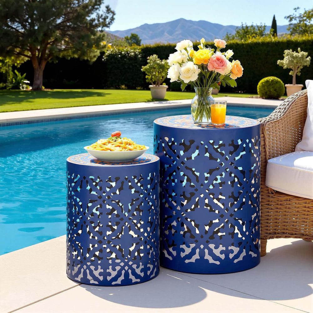 2-Pack Metal Outdoor Side Table, Modern Vintage Scroll Cut-Out Design