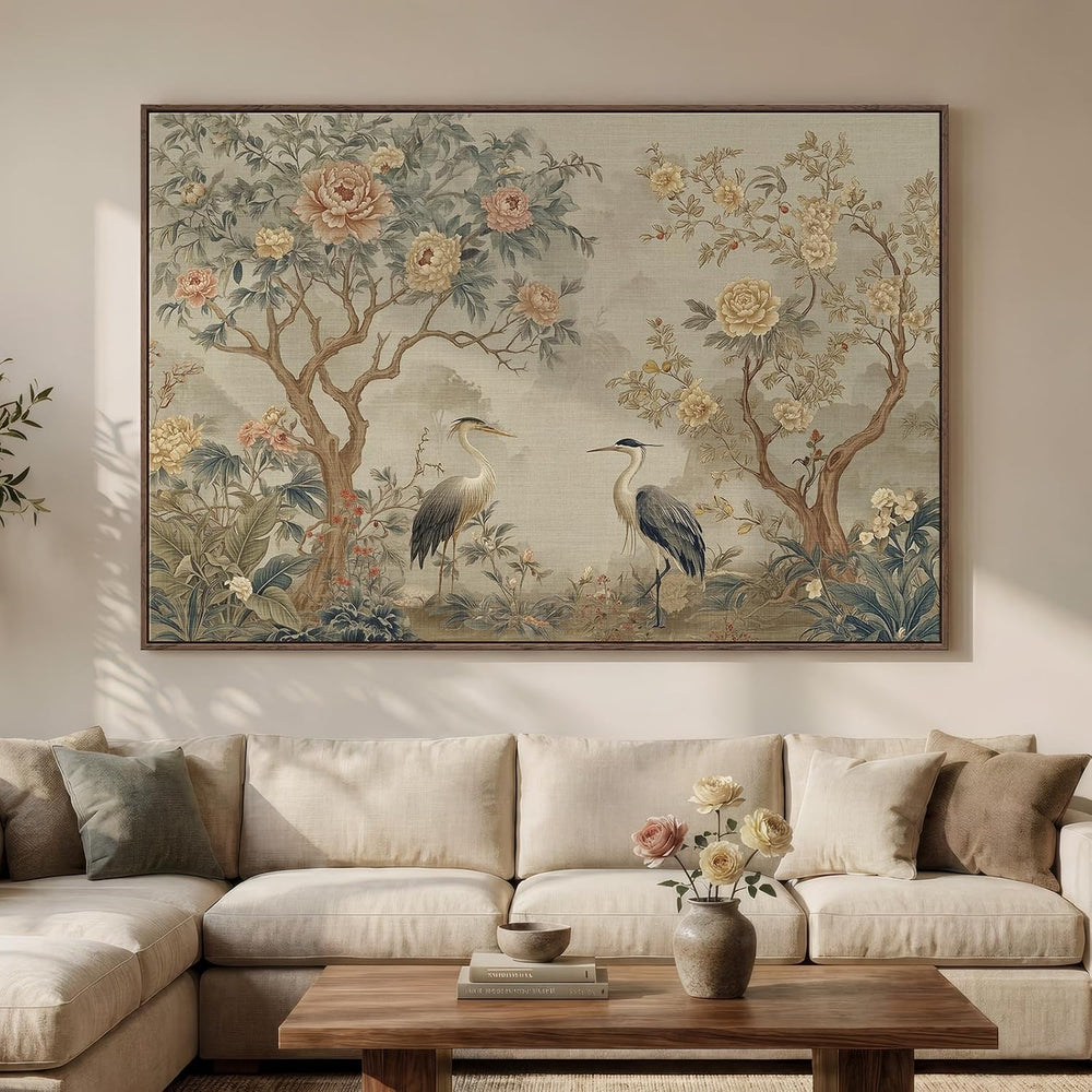 Extra Large Framed Neutral Chinoiserie Wall Art for Living Room, 72x48 Inch