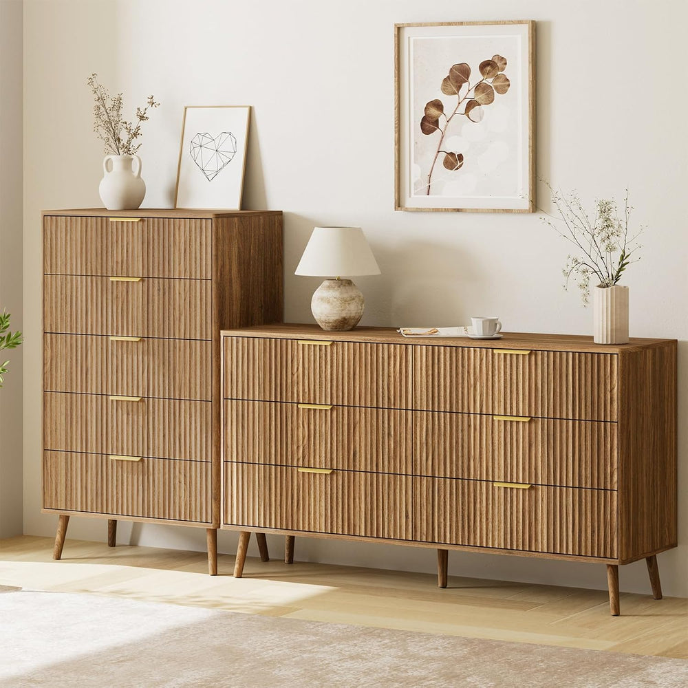 LYNSOM Fluted Dresser and Nightstand Sets 4 Piece, 2-Drawer Nightstands and 5...