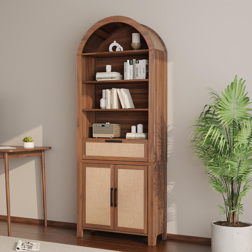 Janmer Home 79" Tall Arched Bookcase Cabinet with Doors, Walnut,Rattan