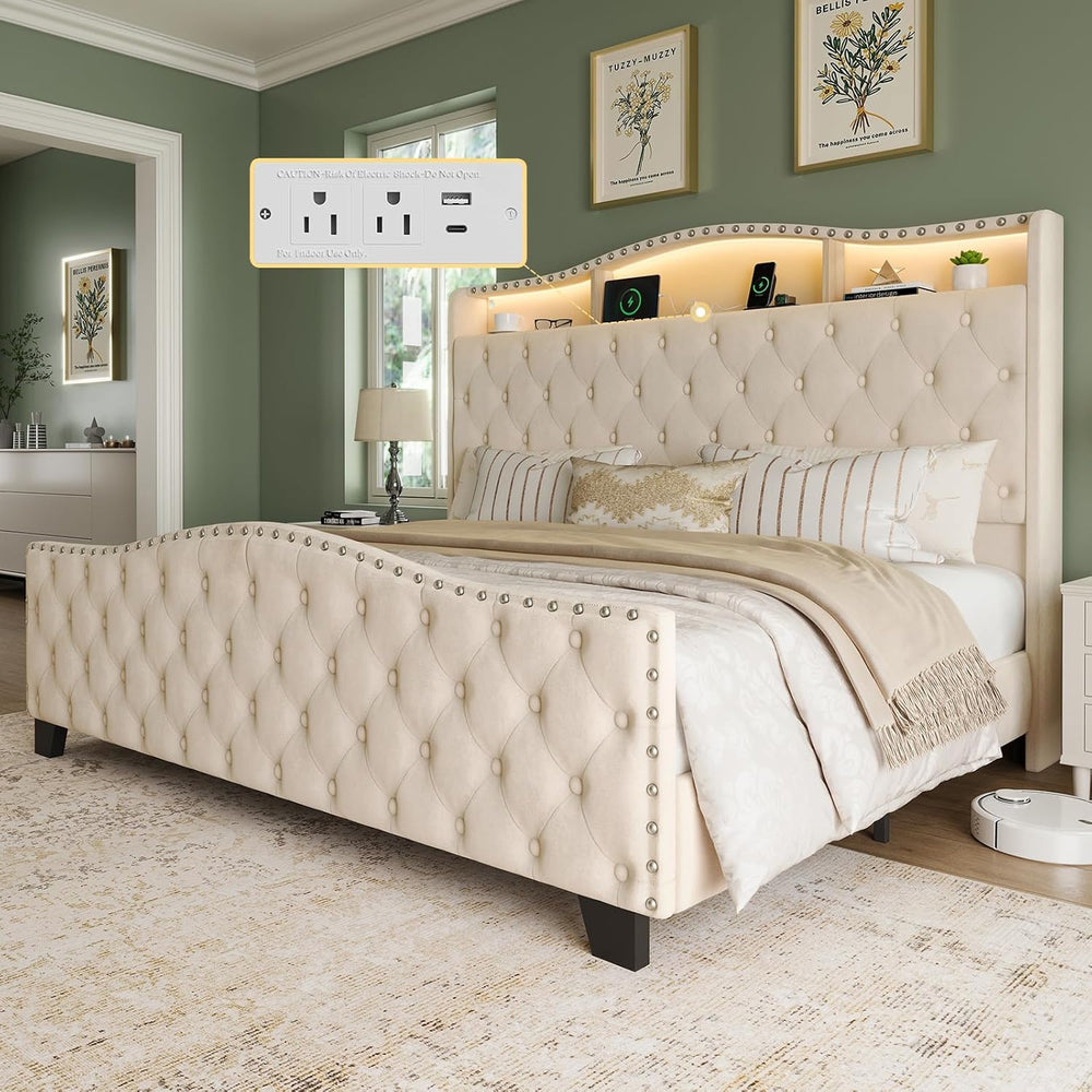 Belffin Platform Bed Frame with 50.9" LED Headboard, King Beige