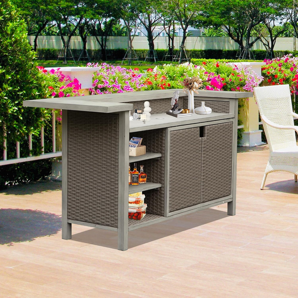 Domi Patio Bar Table, Outdoor Aluminum PE Wicker Bar Cart with Cabinet, All W...