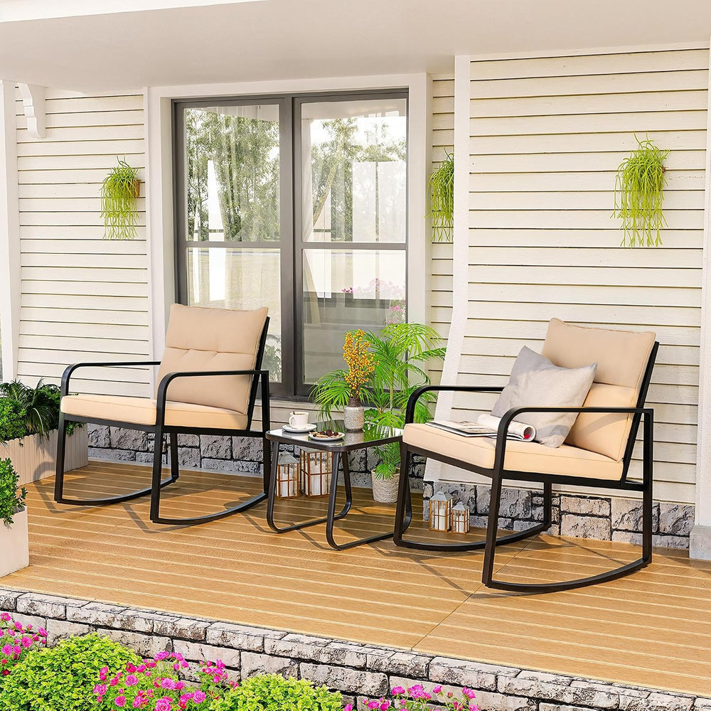 Gizoon 3 Pcs Rocking Bistro Set, Black Steel Patio Furniture,Beige Cushion