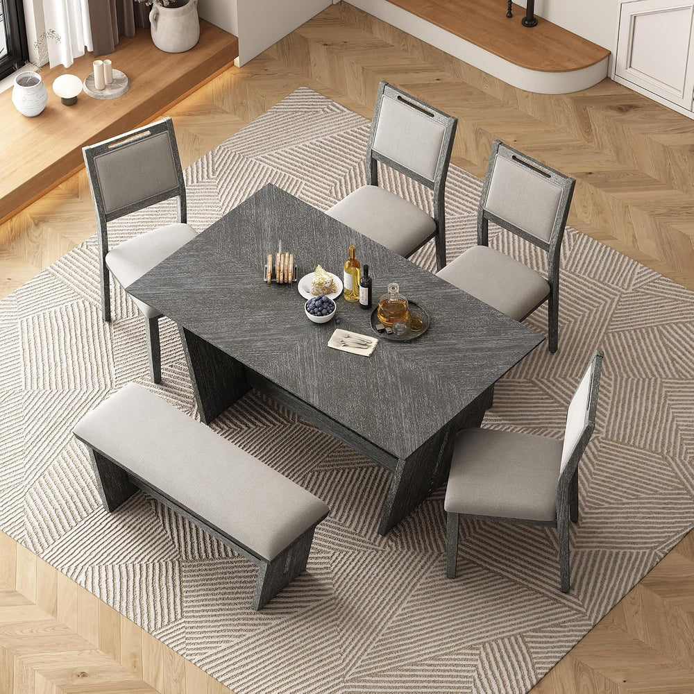 Merax 6-Piece Retro Dining Set with Table, 4 Chairs, Bench, Antique Gray