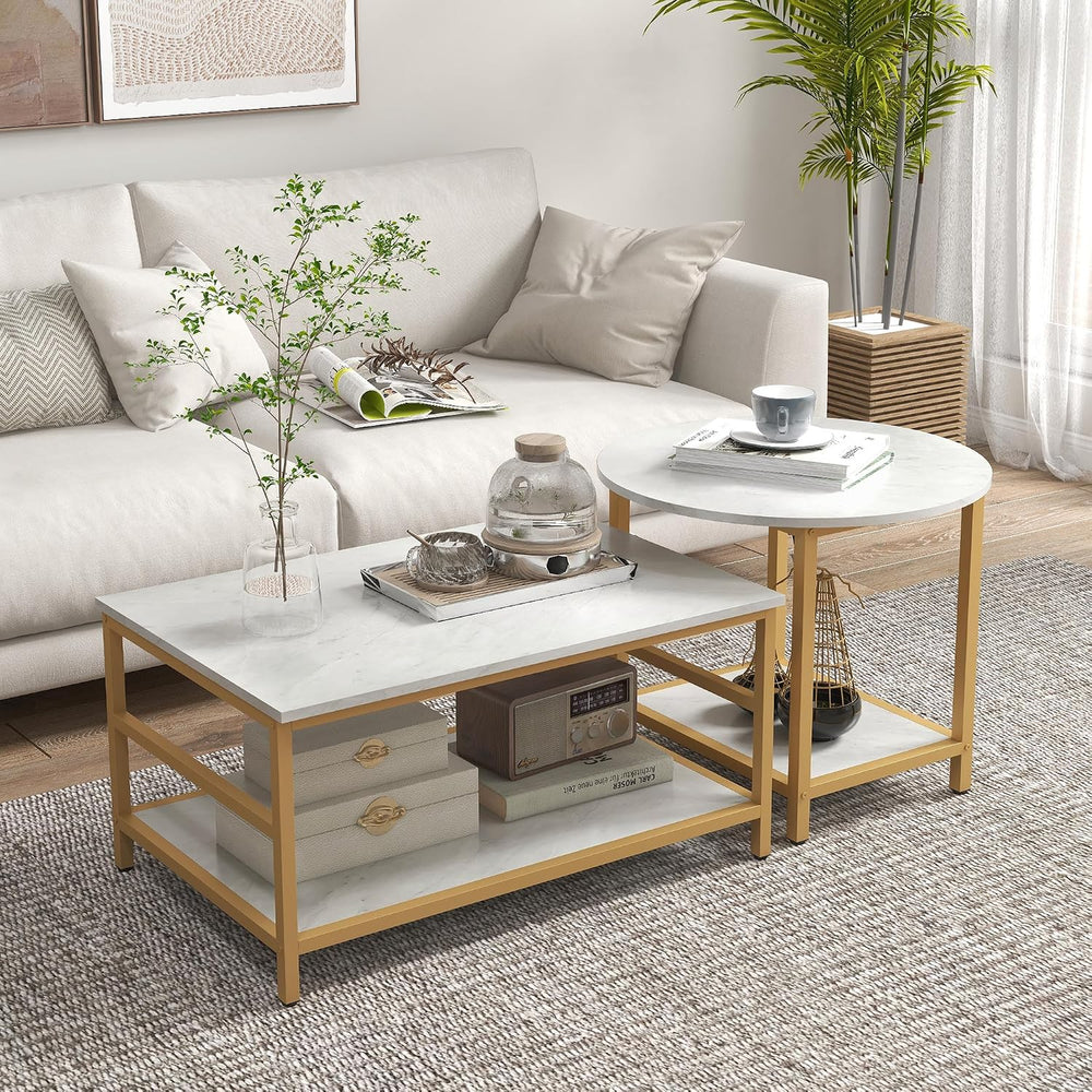 HOMCOM Coffee Tables Set of 2 2-Rier Sofa Side Table Faux Marble Top White
