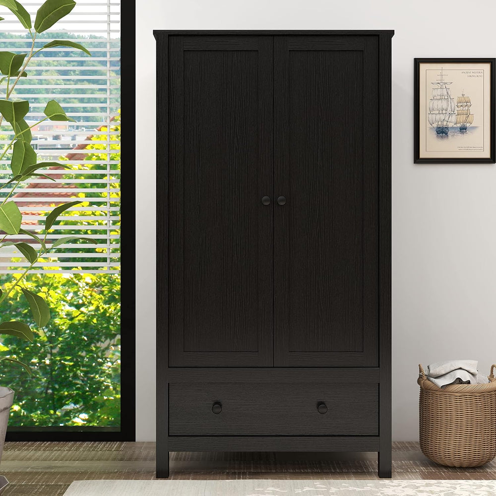 Panana 2 Door Wardrobe, Armoire with Drawer for Bedroom (Black)