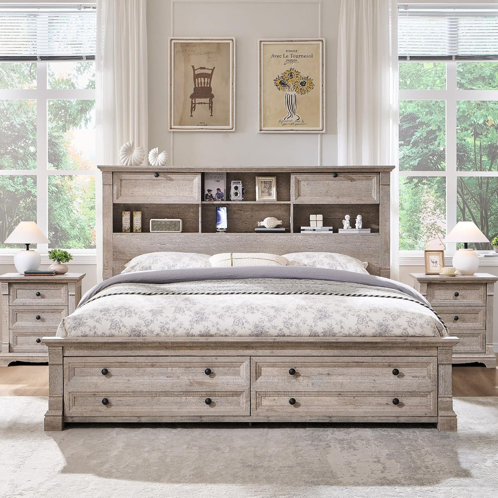 Queen Size Bed Frame 2 Drawer & 4 Storage Rack Headboard Charging Station