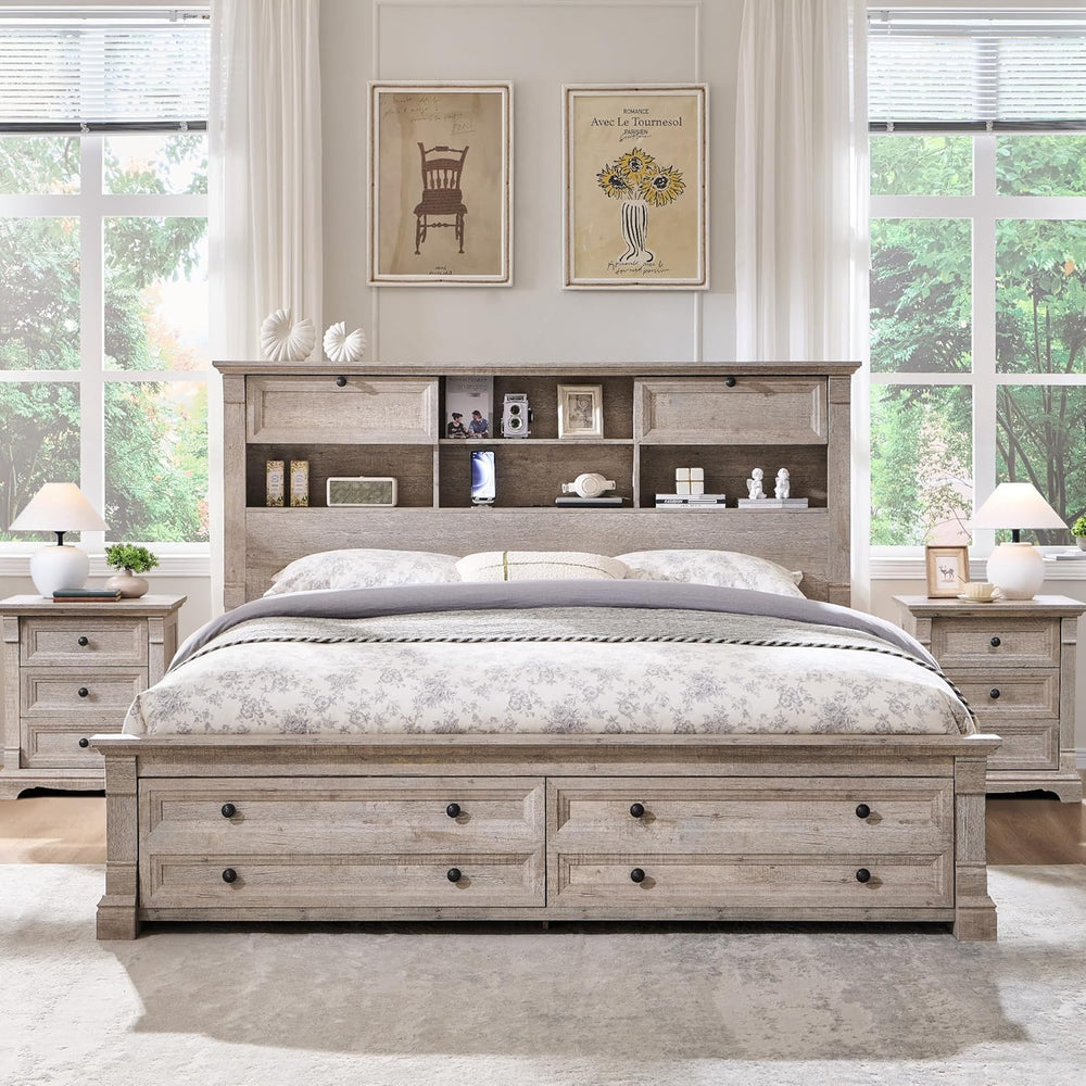 King Size Bed Frame with 54" Tall Storage Headboard, 2 Footboard Drawers