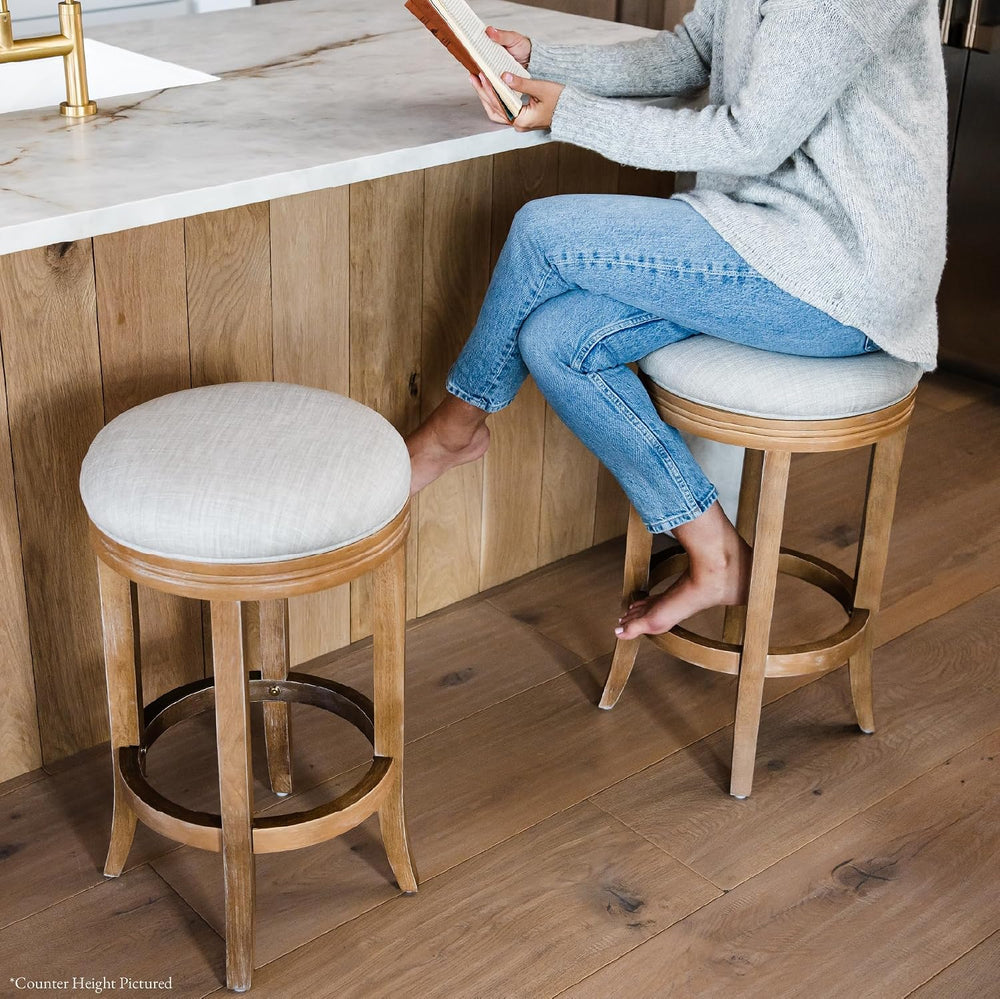 Maven Lane Eva Bar Stool, Brown Solid Wood, Natural Fabric, 31"