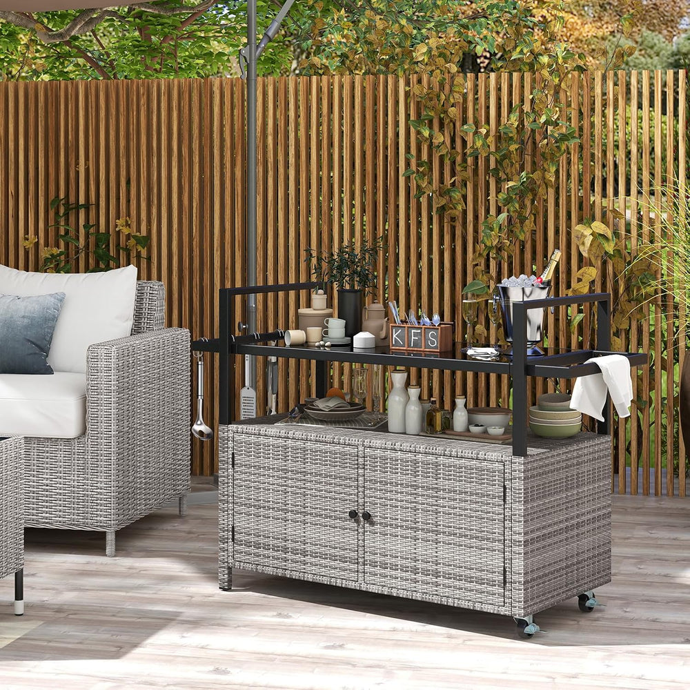 Tangkula Wicker Rolling Outdoor Bar Cart with Tempered Glass Table, Gray