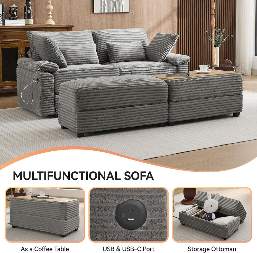 75" Corduroy Loveseat with Storage Ottoman, USB & Coffee Table, Grey
