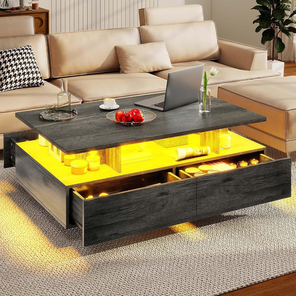 DWVO LED Coffee Table with 4 Drawers, High Glossy Center Table, Grey