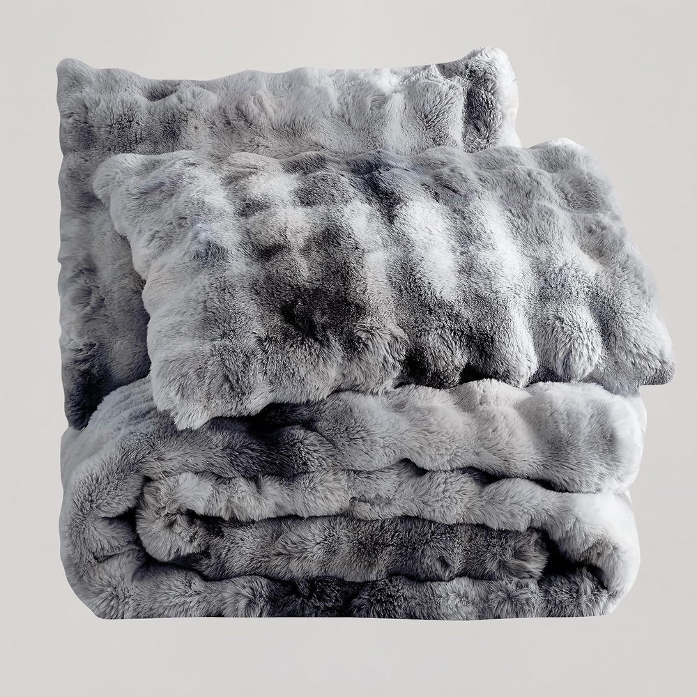Wonderful - 3 Pieces Faux Rabbit Fur Comforter Set King Size, Grey Tie Dye Pl...