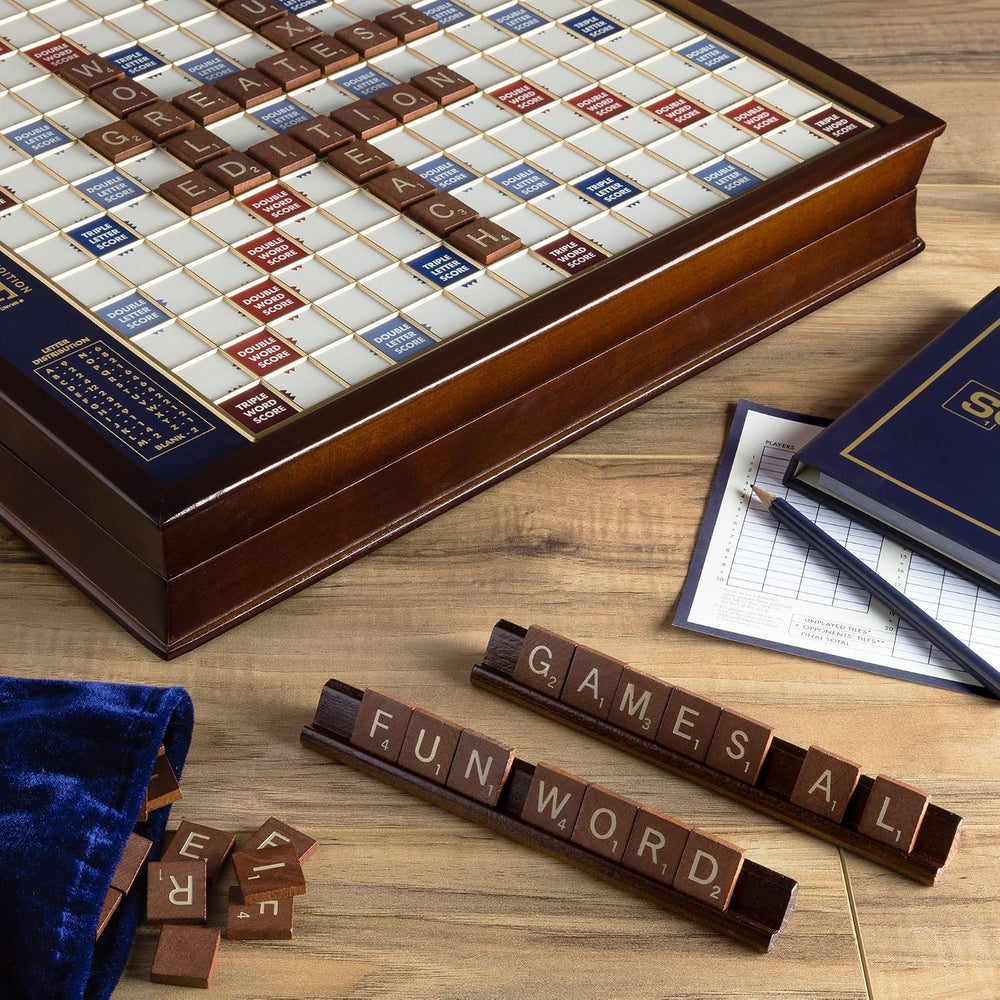 WS Game Company Scrabble Deluxe Edition Rotating Wooden Cabinet Board Game