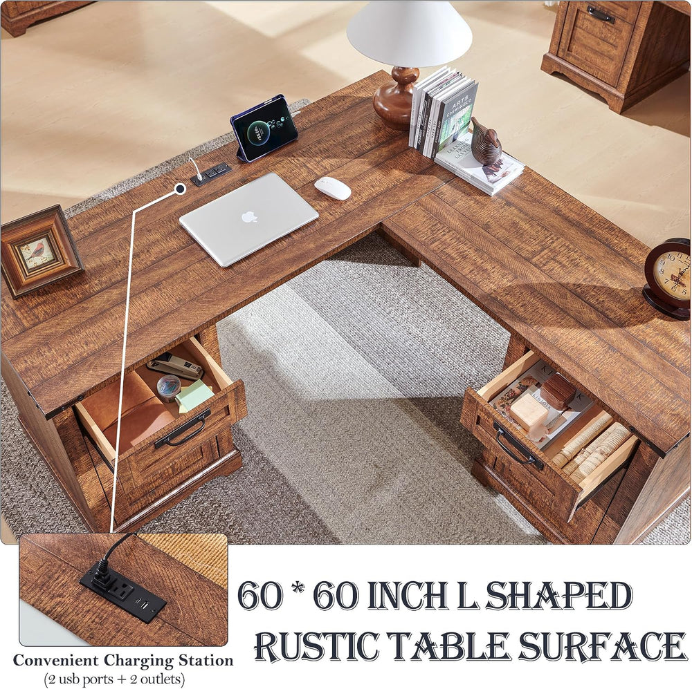 RedLemon 60" Farmhouse L Shaped Executive Desk, Reclaimed Barnwood