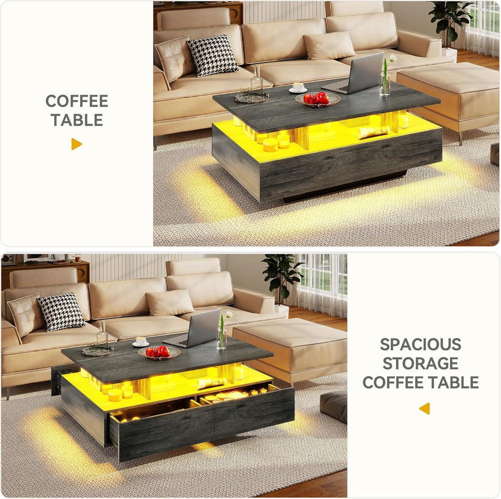 DWVO LED Coffee Table with 4 Drawers, High Glossy Center Table, Grey
